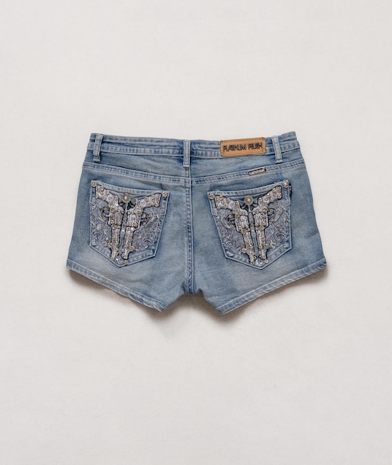 LOW RISE Y2K Shorts Vintage 2000's Britney Denim Stretch Jewelled Rhinestones / Medium Large