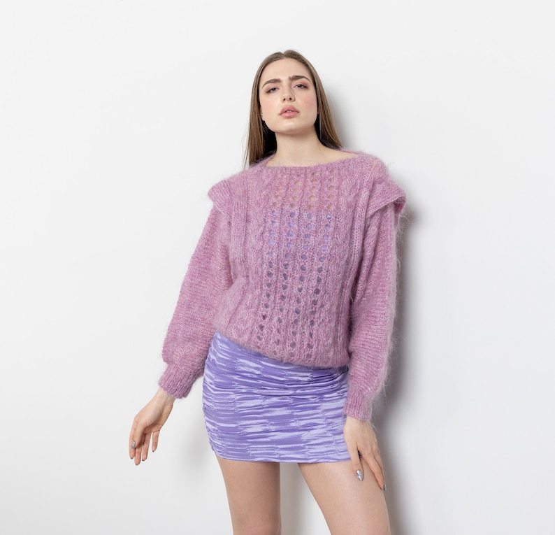 PINK FUZZY GRANNY Batwing Mohair Jumper Sweater Handmade Loose Weave Sheer Mauve / Medium image 10