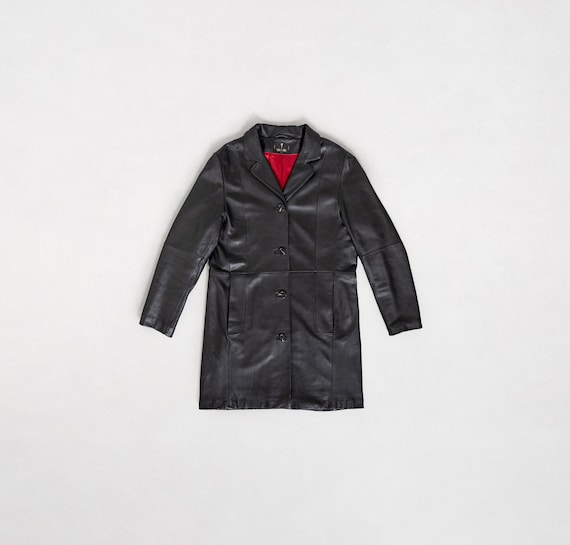 BLACK LEATHER TRENCH Vintage Midi Jacket Coat Blazer Woman 90's