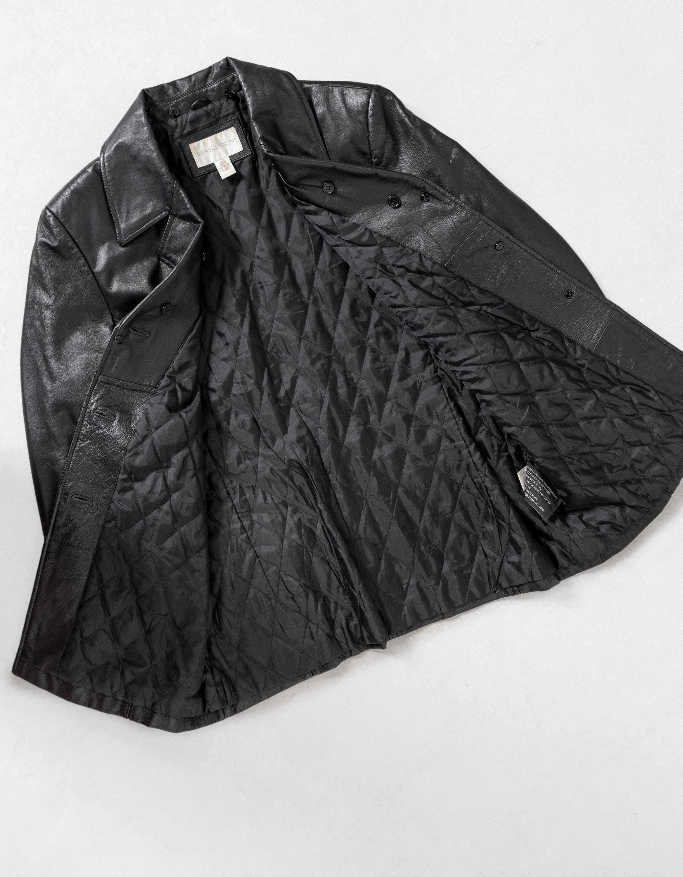 Gabardina de piel negra, chaqueta midi vintage oversize con cuello