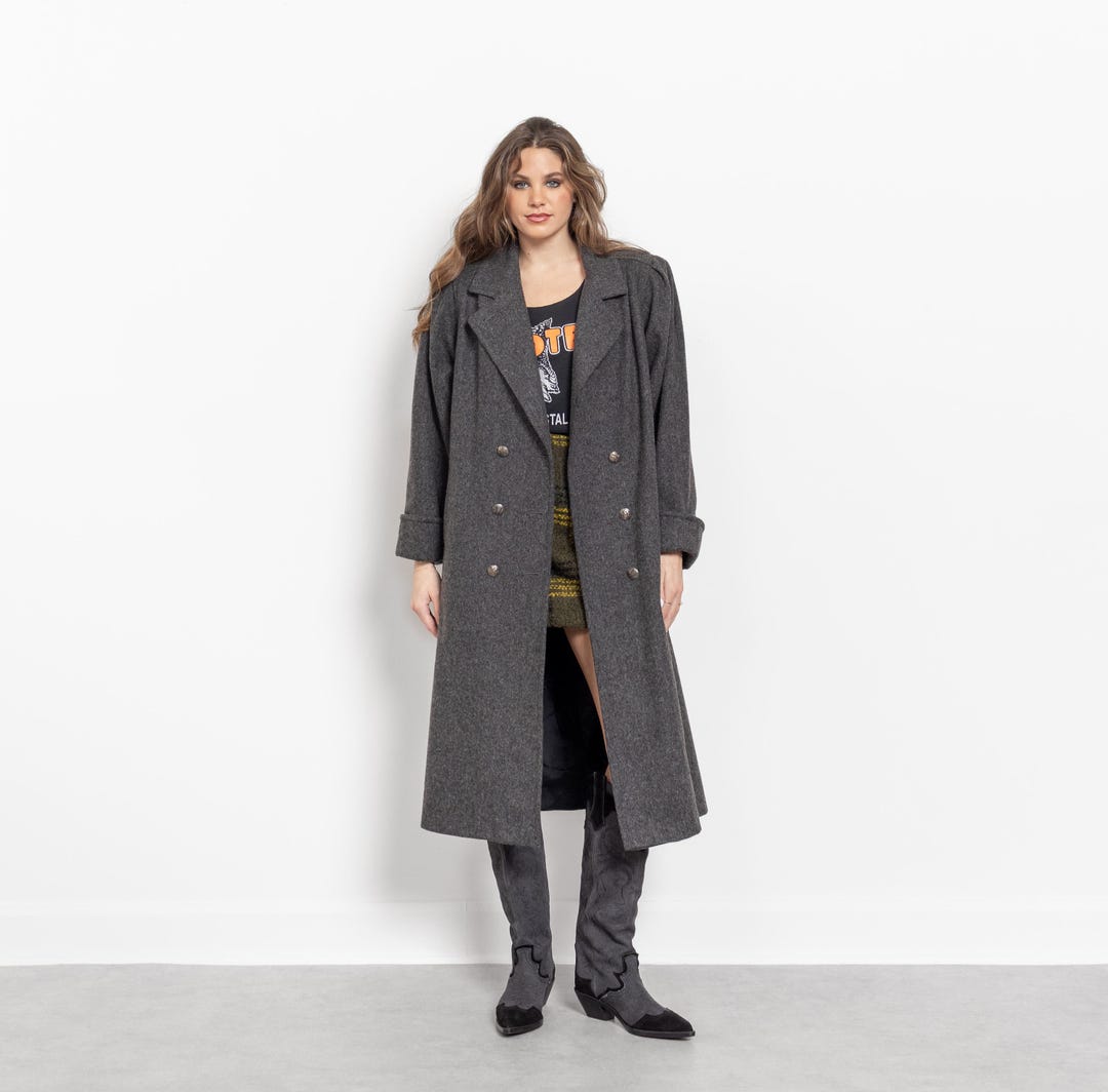 ジャケット・アウター 1990s Barcedos Wool Tweed Trench Coat Vintage 90s Wool Trench Coat: Grey Double Breasted Oversized