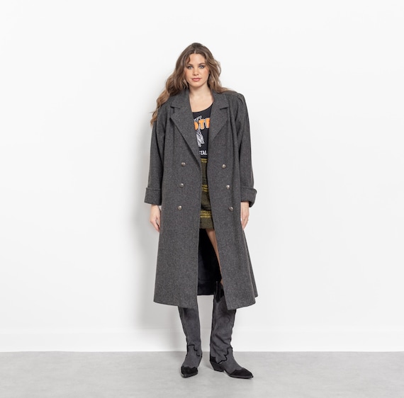 Vintage 90s Wool Trench Coat: Grey Double Breasted Oversized