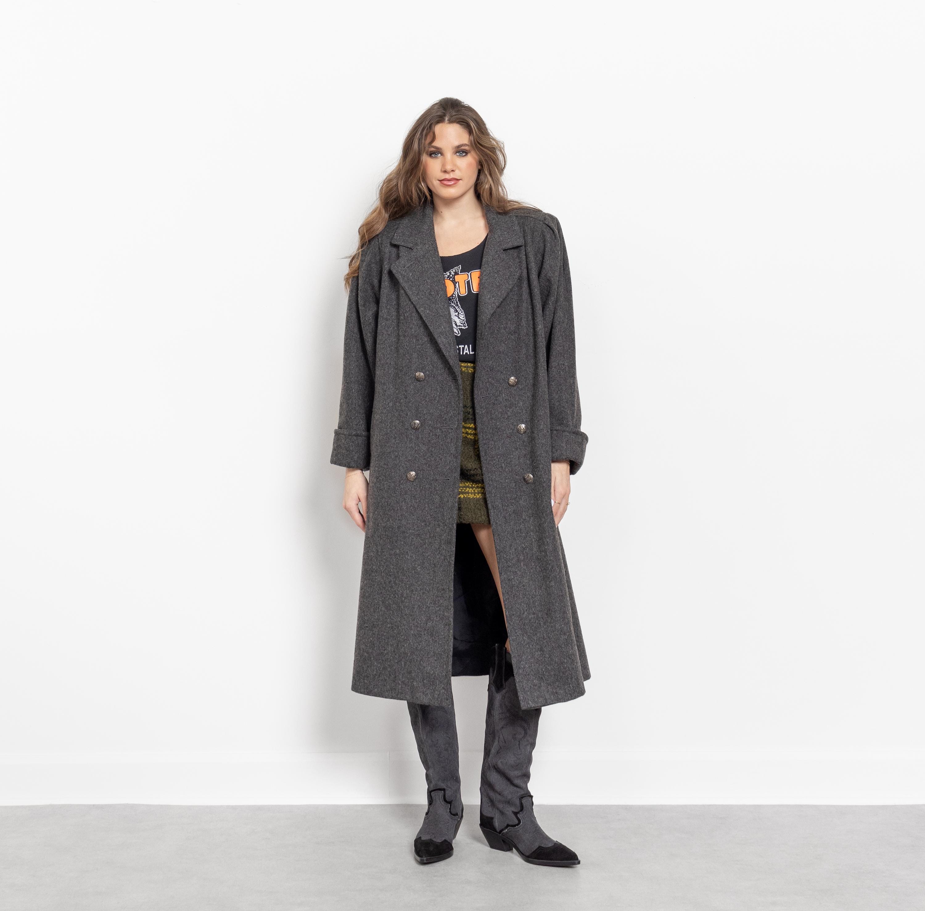 Vintage 90s Wool Trench Coat: Grey Double Breasted Oversized