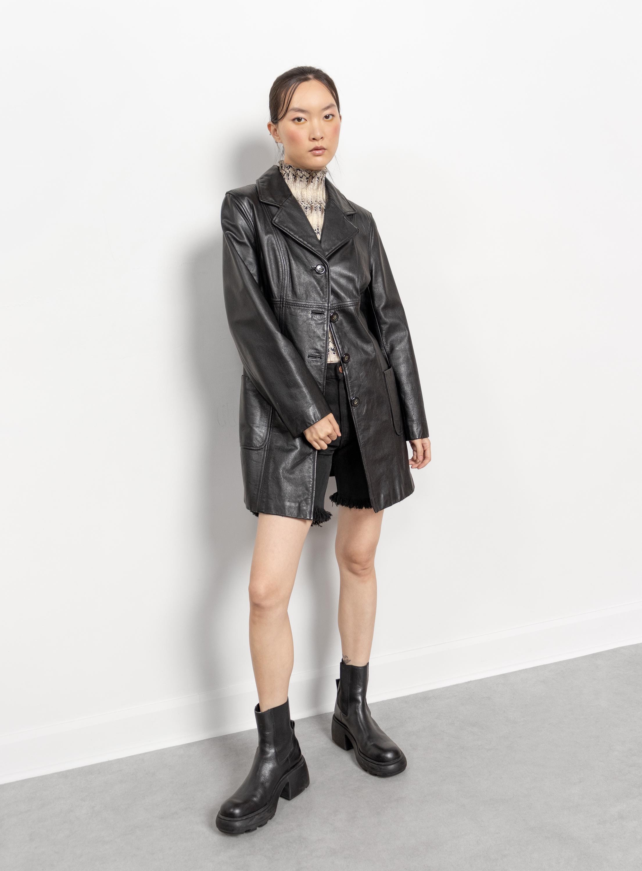 BLACK LEATHER TRENCH Midi Jacket Vintage Oversize Boxy Collared