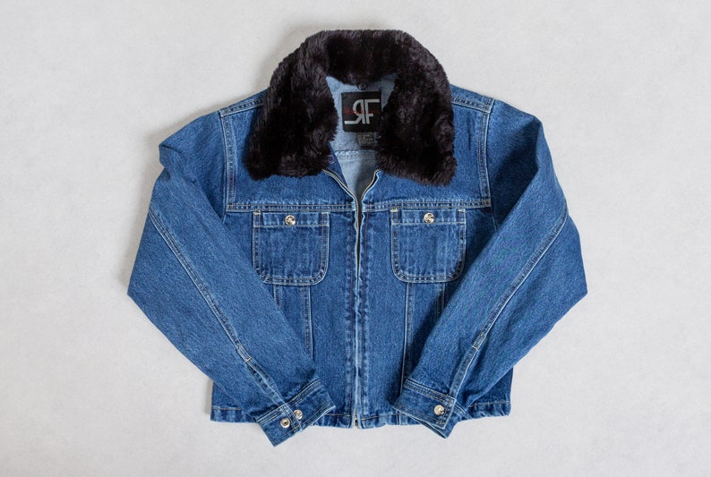 FUR COLLAR DENIM Jacket Vintage Faux Fur Cotton Medium Wash Blue Jean Zipper Cropped Woman 90/'s Small Extra Small