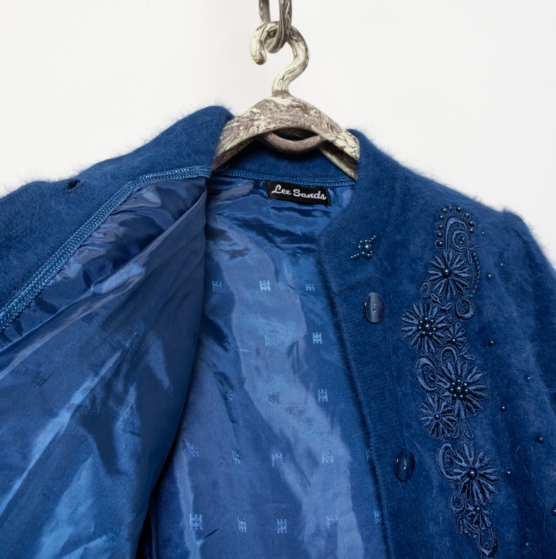 BLUE ANGORA CARDIGAN Beaded Longline Vintage Jumper Wool Lined Embellished Cozy / Free Size image 10