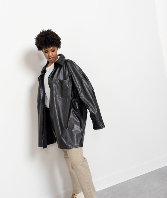 BLACK PLEATHER JACKET Vintage Coat Blazer Trench Faux Vegan - Etsy