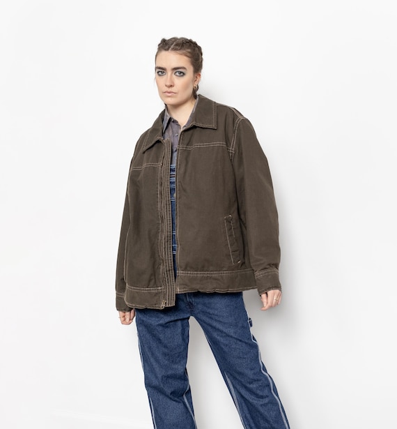 Vintage 90s Canvas Workwear Jacket, Zippered Utility Coat (large