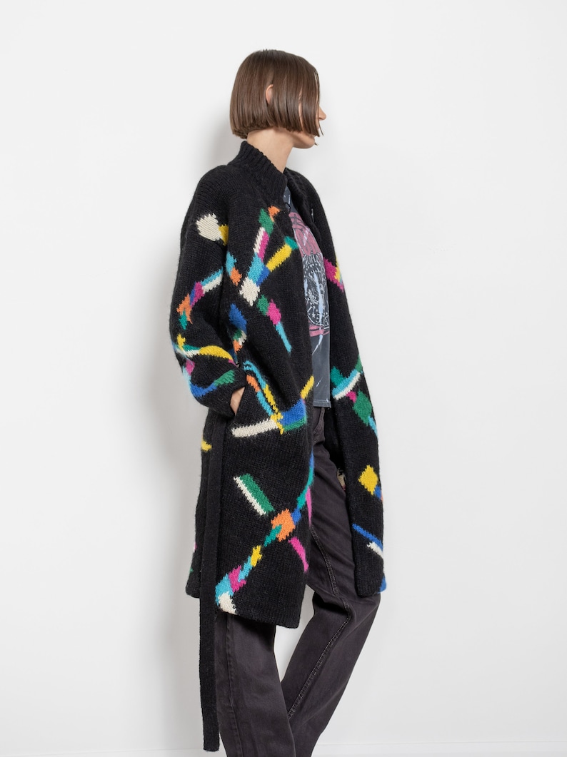 BLACK MOHAIR CARDIGAN Vintage Long Shirt Dress Knit Geometric Rainbow Sweater 90's / Medium image 9