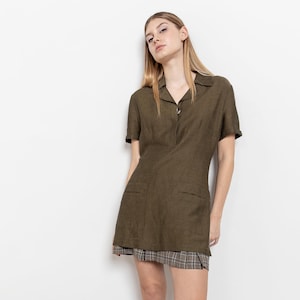 LINEN TUNIC Vintage Short Sleeve Army Green Longline Shirt Button Up Collar Shift Relaxed Fit 90&#39;s / Medium