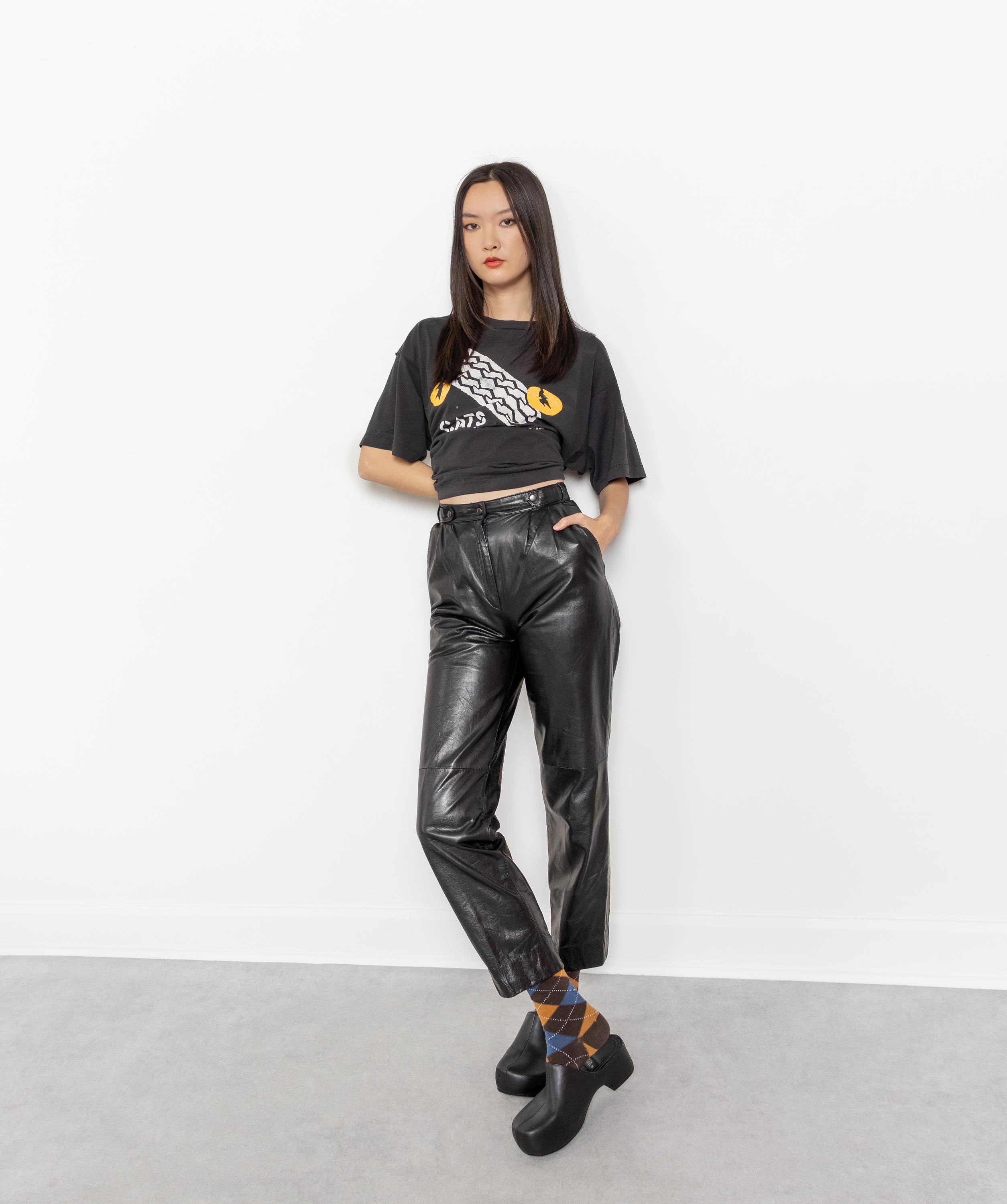 Vintage 90s Pleated Leather Trousers, High Waist Biker Pants (size