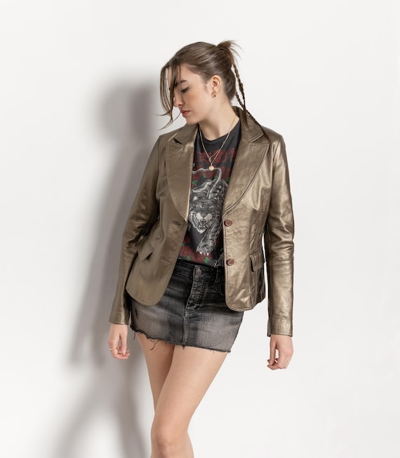 METALLIC LEATHER BLAZER Vintage Jacket Women Y2K Cropped / Medium