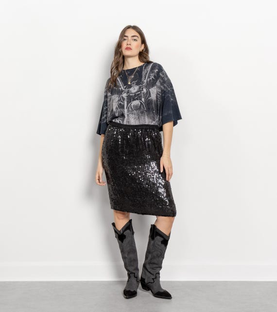 BLACK SEQUIN Skirt Vintage Midi Beaded Black / Inch Waist / Medium