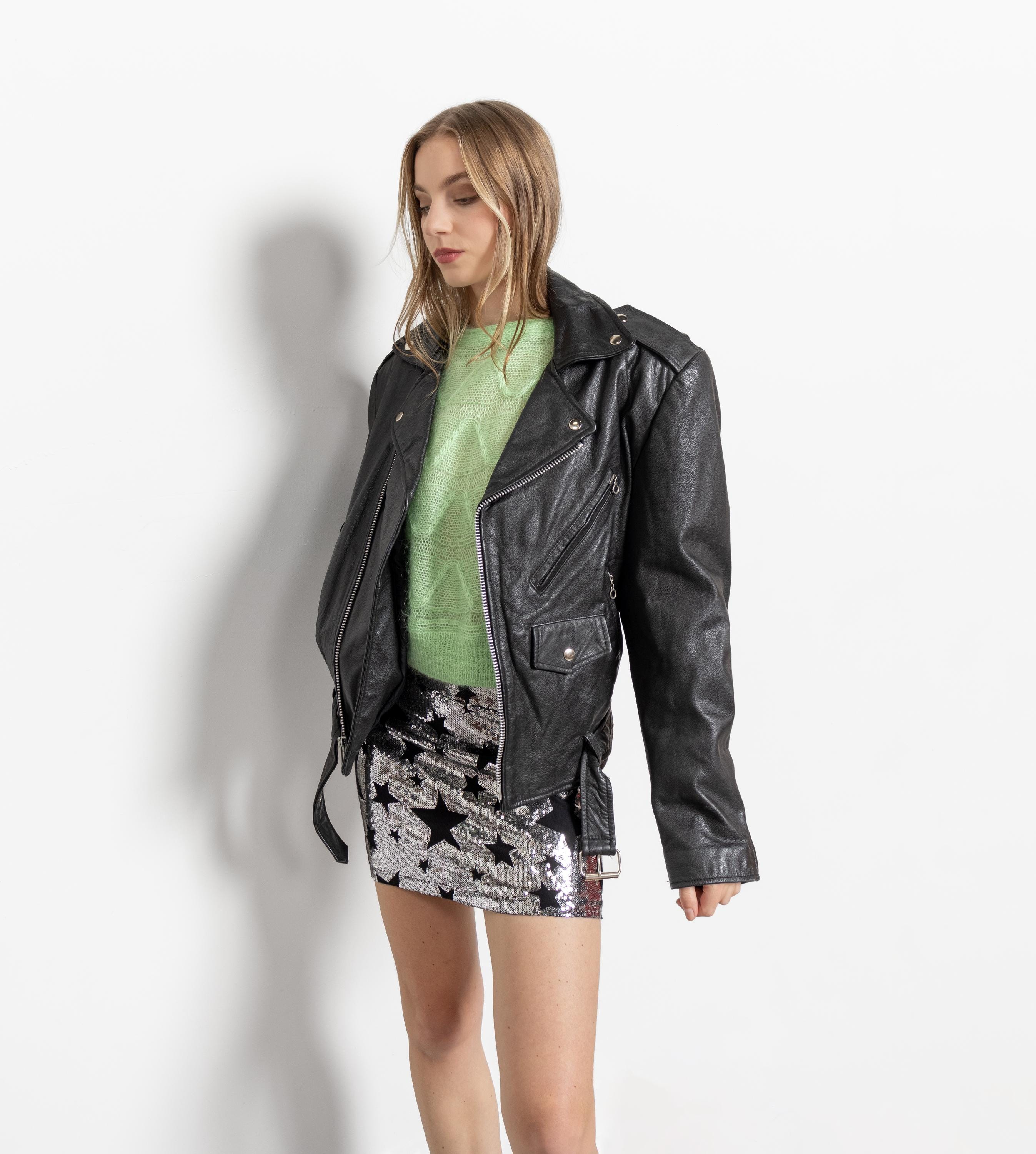 BLACK LEATHER MOTORCYCLE Jacket Vintage 90's Menswear Boxy