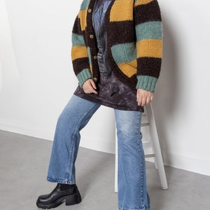 CHUNKY WOOL STRIPE Cardigan Cardi Sweater Jumper Mustard Mint Oversize Knitwear / Large Xl Extra Large image 7