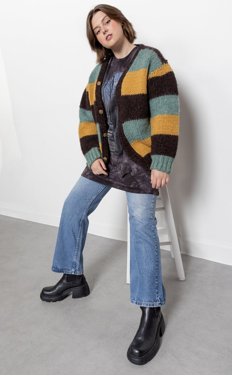 CHUNKY WOOL STRIPE Cardigan Cardi Sweater Jumper Mustard Mint Oversize Knitwear / Large Xl Extra Large image 7