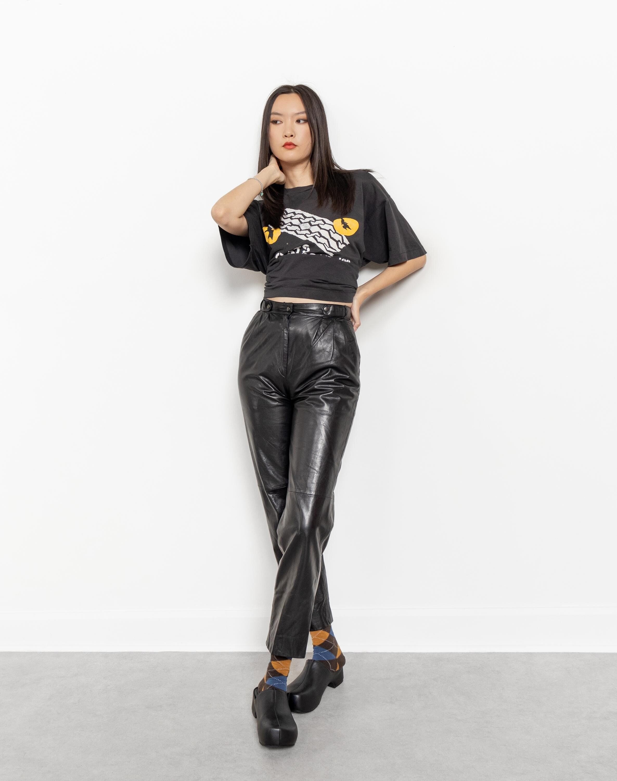 Vintage 90s Pleated Leather Trousers, High Waist Biker Pants (size