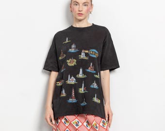 LIGHTHOUSES TEE COTTON Short Sleeves Vintage Travel Souvenir T-Shirt / Large Xl Extra Large