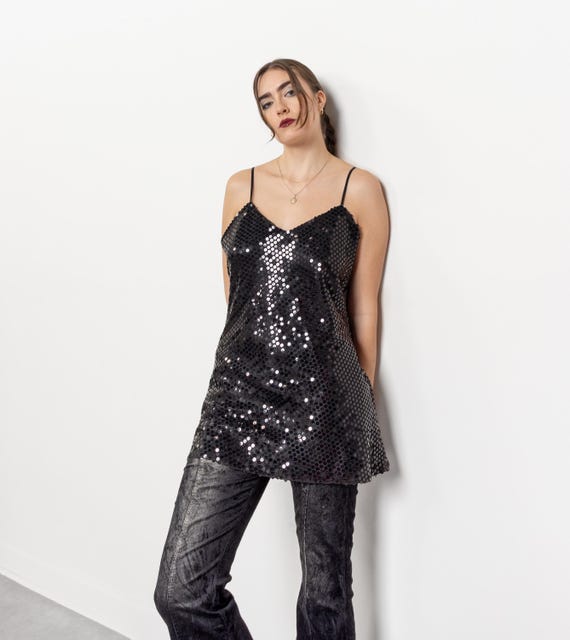 Black SEQUIN MINI Slip Dress Vintage Camisole Spaghetti Straps Holiday Party NyE / Large Black SEQUIN MINI Slip Dress Vintage Camisole Spaghetti Straps Holiday Party NyE / Large