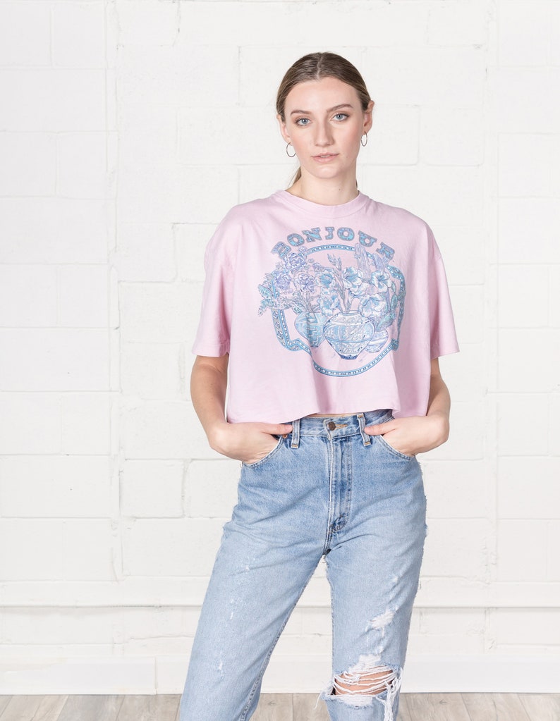 CROPPED 90S TEE T SHIRT vintage women short sleeves flowers floral cute Bonjour Free Size Small Medium
