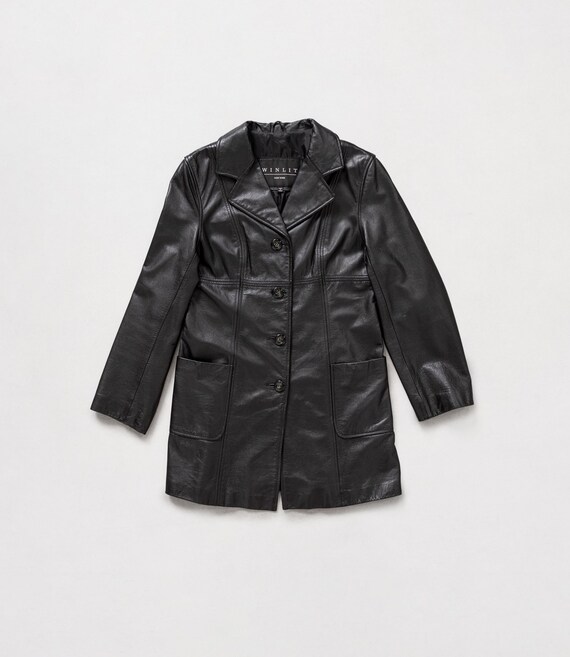 BLACK LEATHER TRENCH Midi Jacket Vintage Oversize Boxy Collared