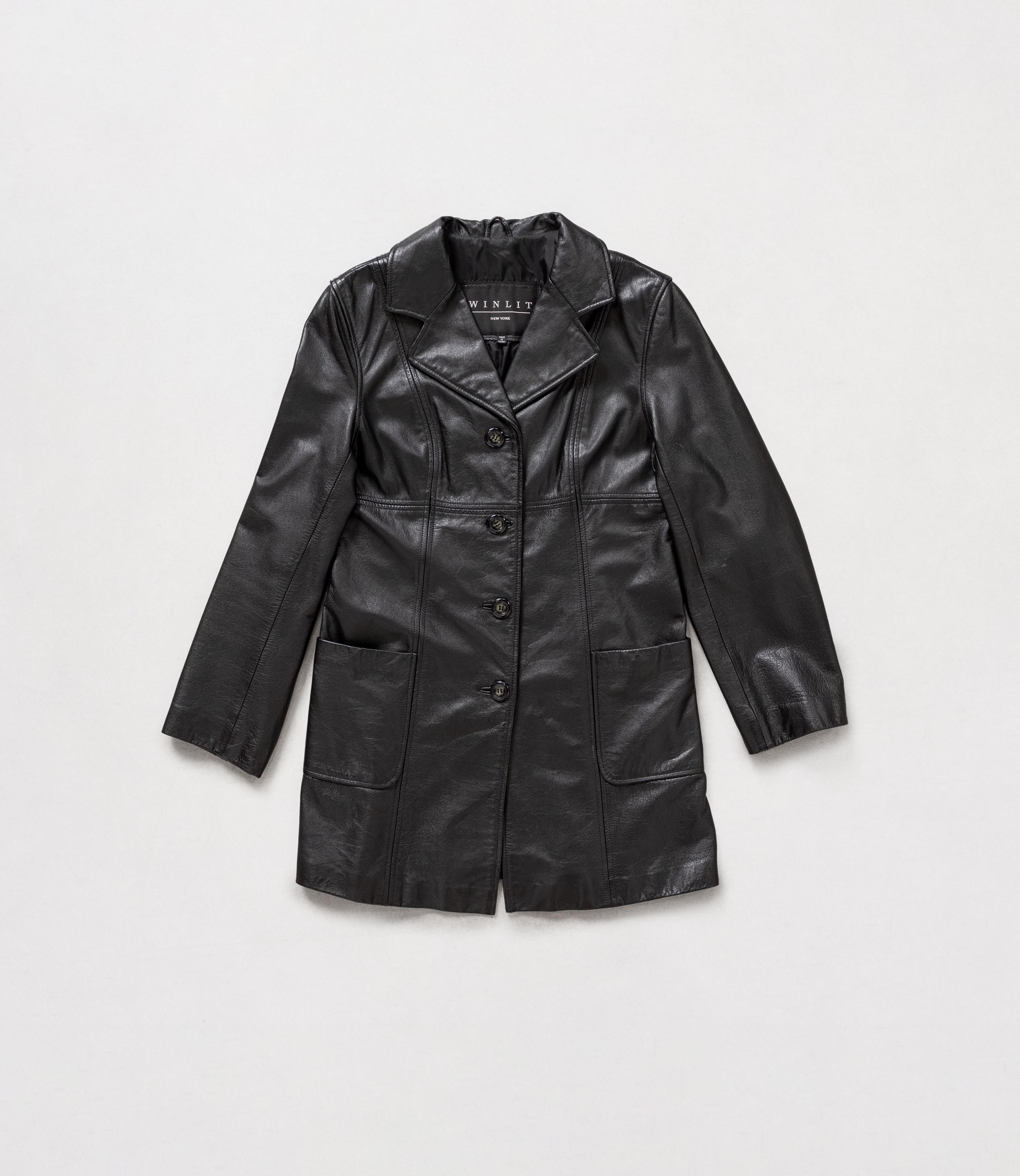 BLACK LEATHER TRENCH Midi Jacket Vintage Oversize Boxy Collared