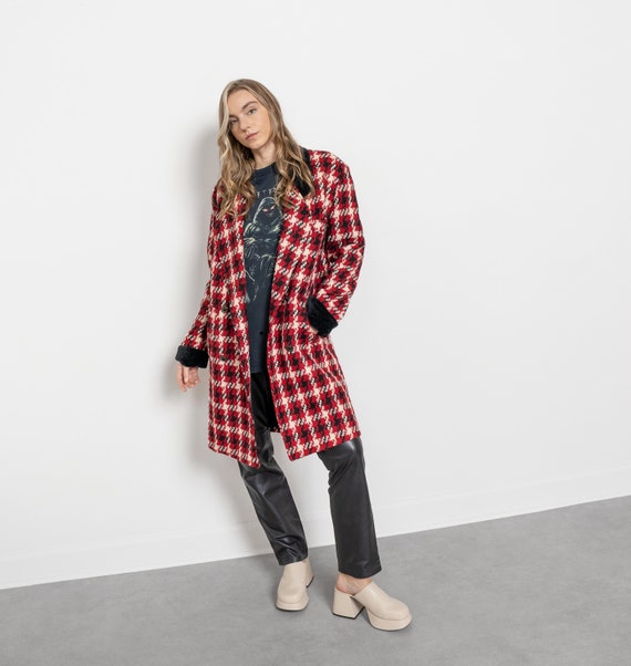 Vintage Houndstooth Wool Jacket, Velvet Collar Cuffs, Made