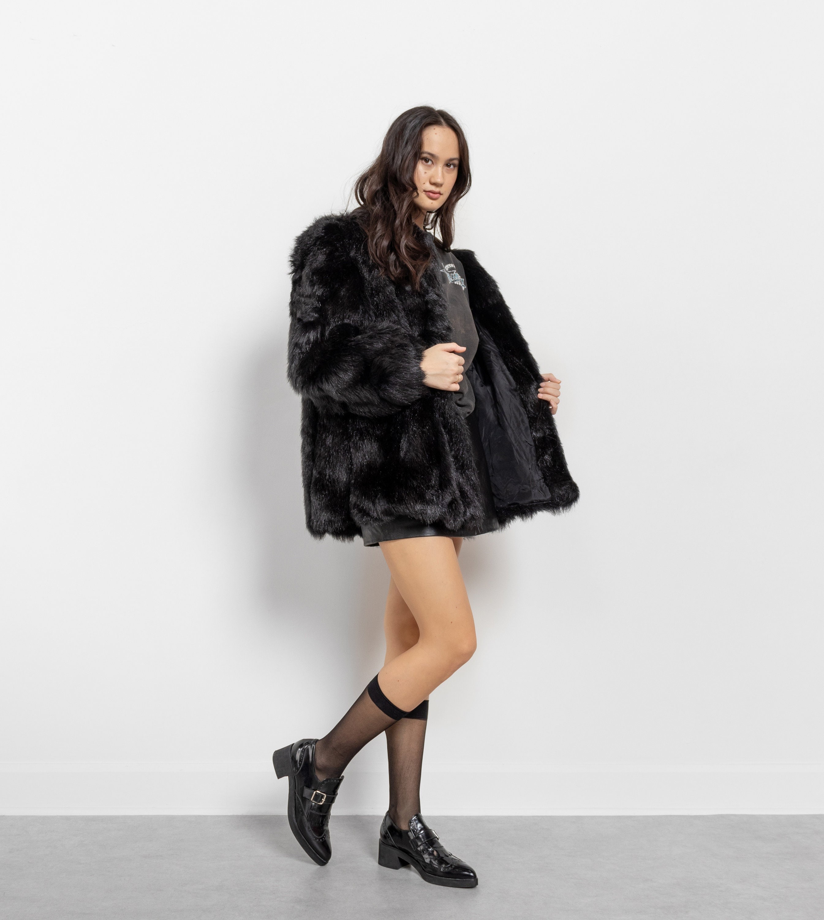 BLACK FAUX FUR Jacket Coat Boxy Oversize Vintage Cozy 60S Pockets