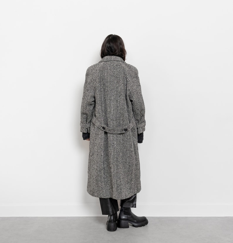 HERRINGBONE WOOL COAT Vintage Grey Geoetric Trench Midi Fall Winter 90's / Medium image 4