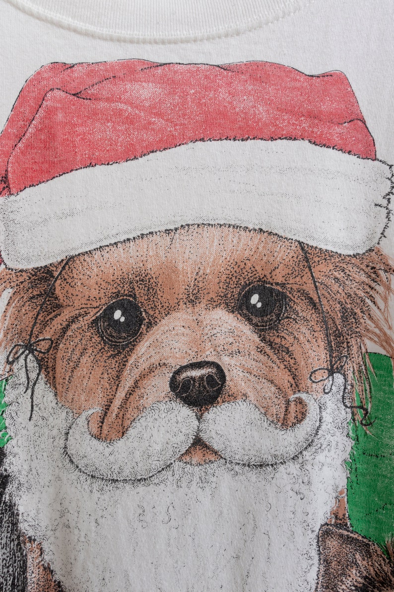HOLIDAY DOGGY TEE Vintage Graphic Cotton T-Shirt Christmas X-Mas Festive Dogs Puppies Santa Cute White Shortsleeve Oversize / One Size image 7