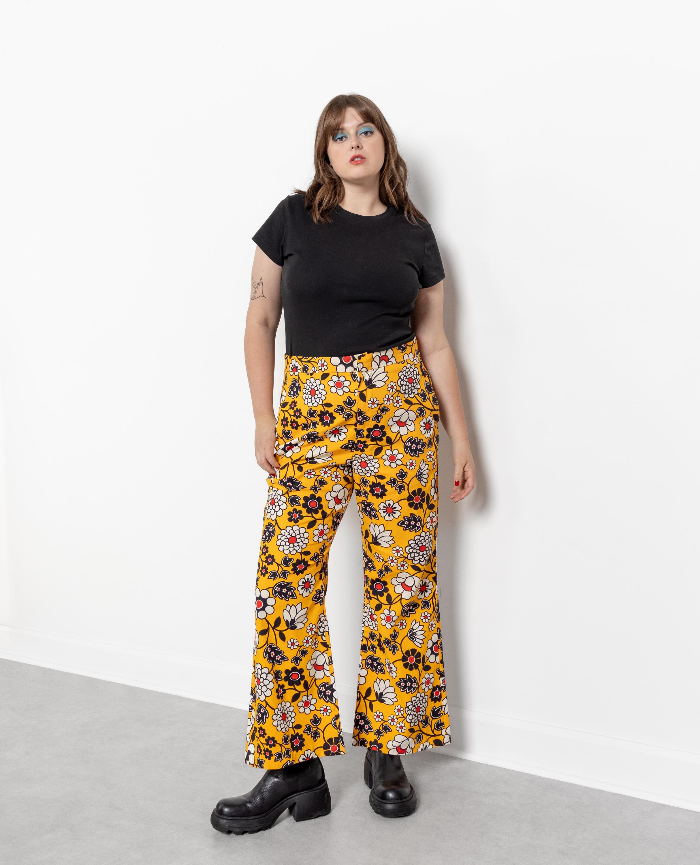 70S FLORAL PANTS FLARES Bell Bottoms Vintage Handmade Yellow