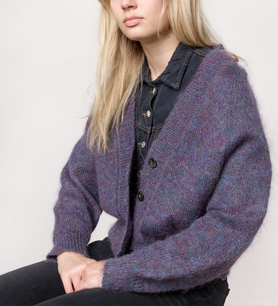 MOHAIR CARDIGAN VINTAGE oversize sweaters jumpers Fall Winter woman eggplant / Small Medium
