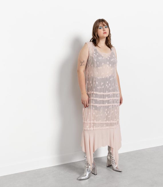 Sheer Pink Maxi Dress Vintage See Through Delicate / Large XL Extra Large
