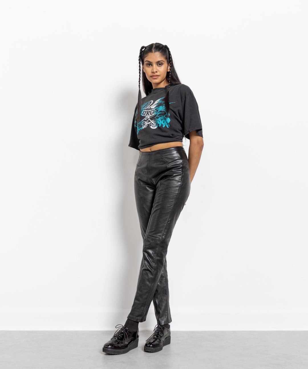 80-90s black leather flare pants archive