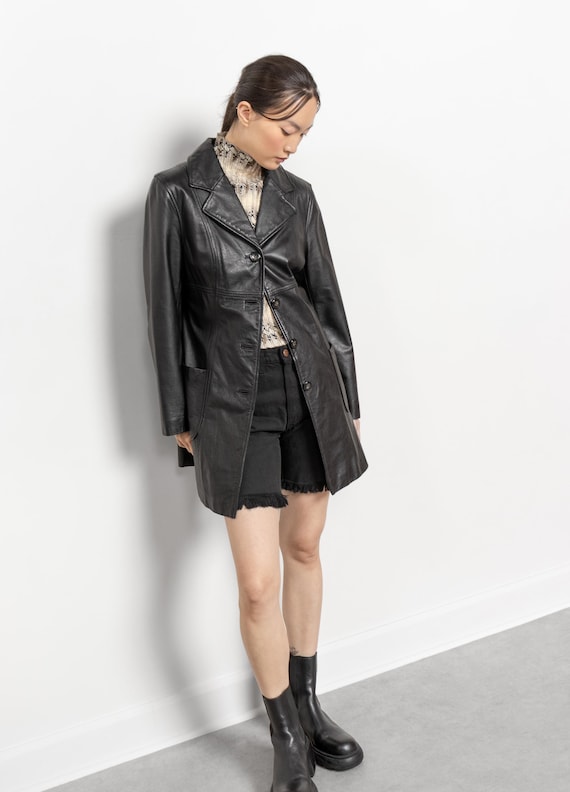 BLACK LEATHER TRENCH Midi Jacket Vintage Oversize Boxy Collared