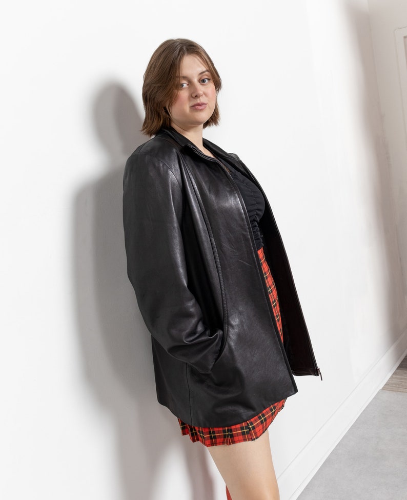 BLACK LEATHER BLAZER Jacket Vintage Coat 90's Oversize Sleek Black Zip Up / Large Xl image 4