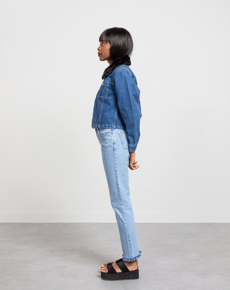 FUR COLLAR DENIM Jacket Vintage Faux Fur Cotton Medium Wash Blue Jean Zipper Cropped Woman 90/'s Small Extra Small
