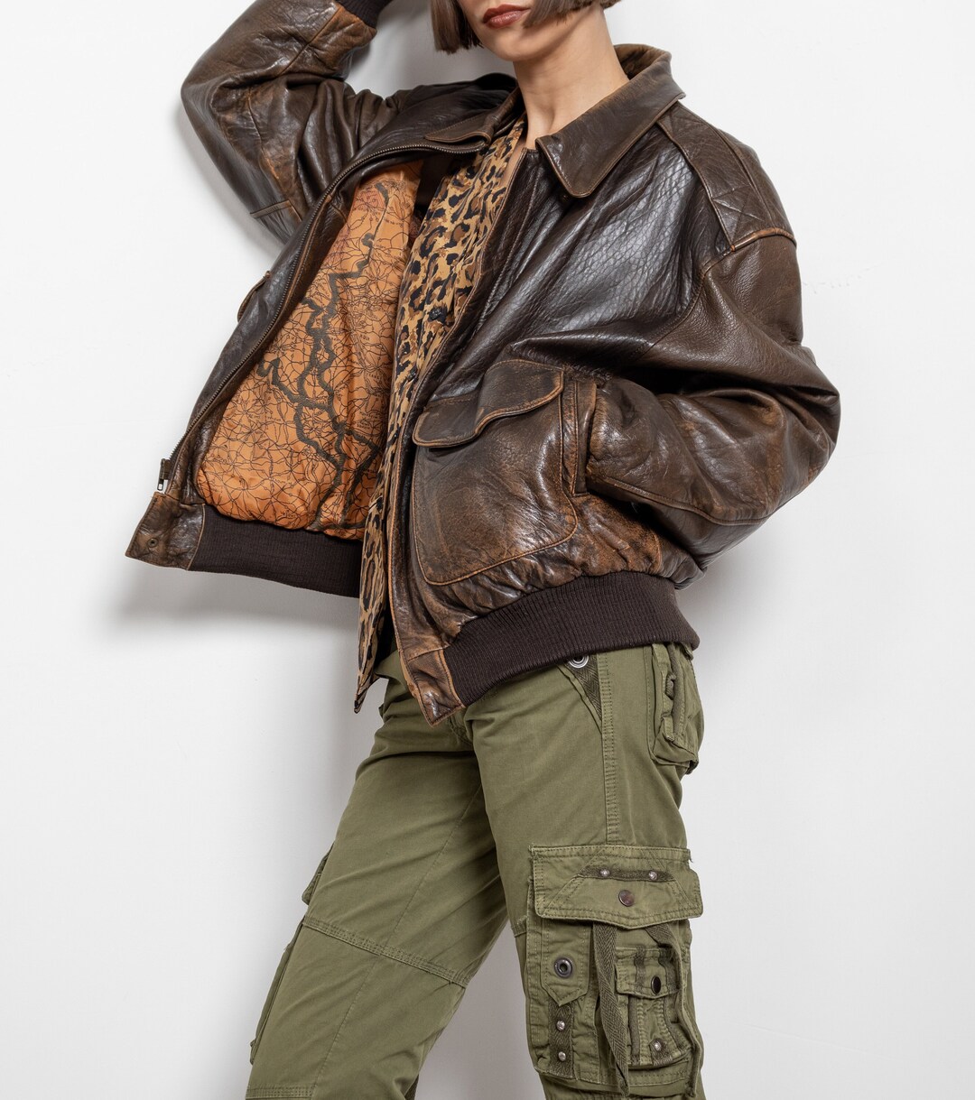 LEATHER BOMBER JACKET Vintage Brown Zipper Coat Woman Spring Etsy