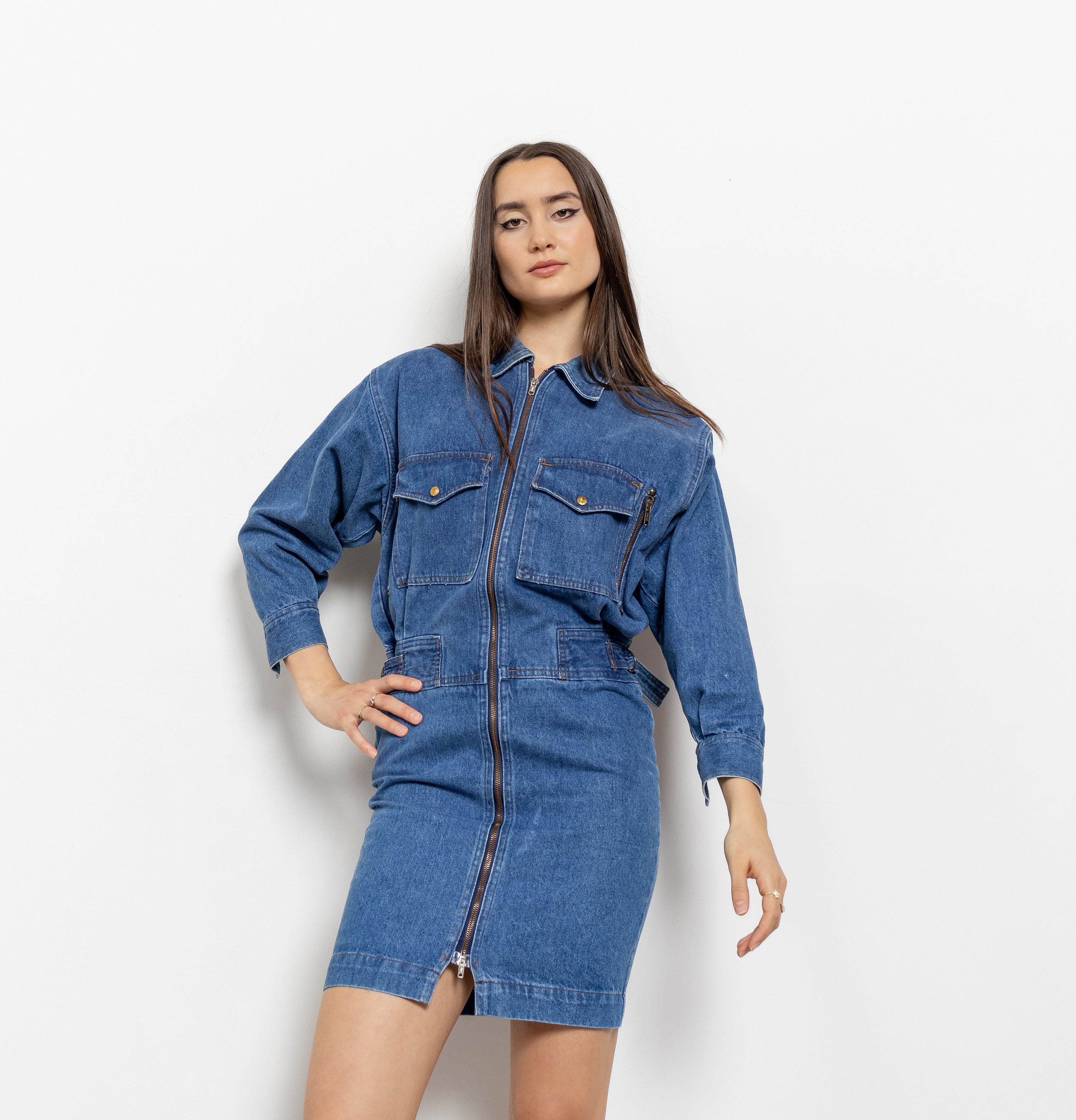 long sleeve zip up denim dress Blue Jean Beauty Denim Mini Dress | Trendy Women's Dress