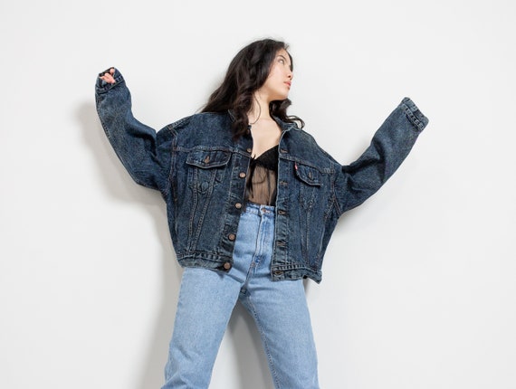 Levi's Denim Jacket Vintage Faded Dark Wash Blue Jean Cotton Trucker Boxy Oversize 90's / Large Extra Large