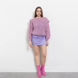 PINK FUZZY GRANNY Batwing Mohair Jumper Sweater Handmade Loose Weave Sheer Mauve / Medium image 9