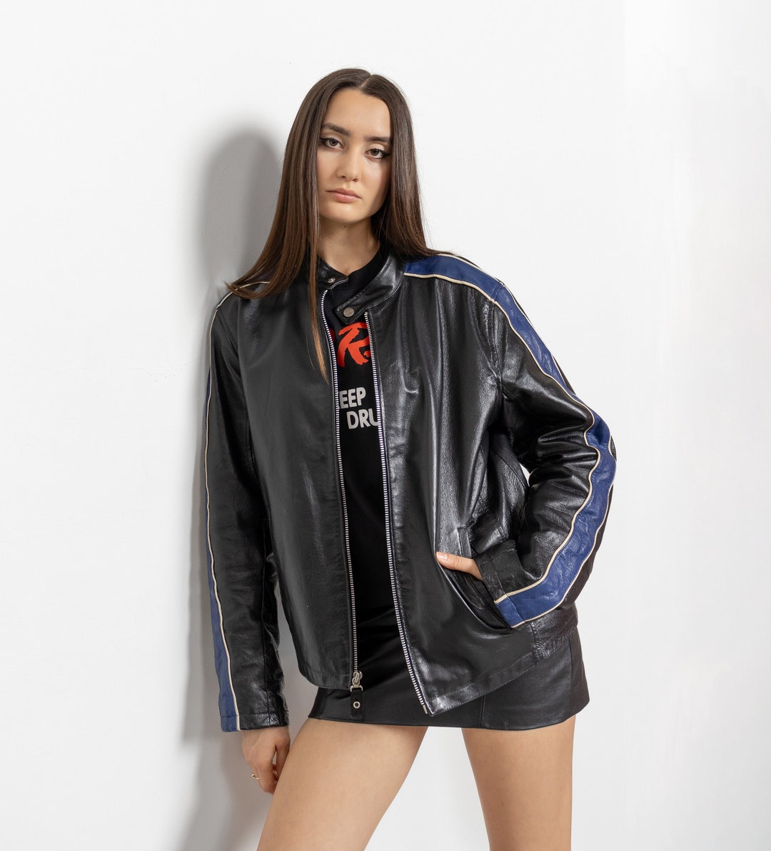 Blouson Moto Vintage En Cuir Noir Pour Femme - Taille M - Marque JESS - Style Rétro Et Intemporel