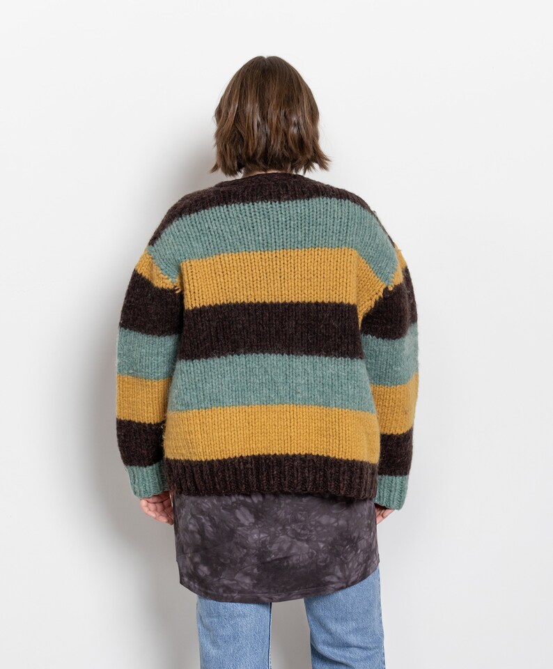 CHUNKY WOOL STRIPE Cardigan Cardi Sweater Jumper Mustard Mint Oversize Knitwear / Large Xl Extra Large image 4