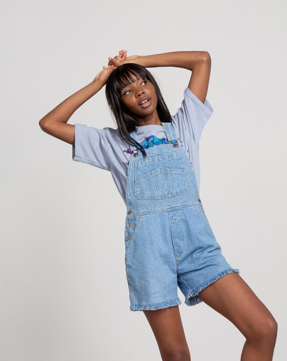 DENIM OVERALL SHORTS Vintage Women Light Blue Jean
