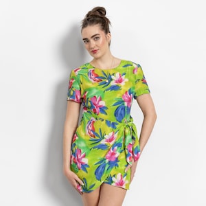 FLORAL WRAP DRESS Vintage Mini Flowy Lime Green Tropical 80&#39;s / Medium