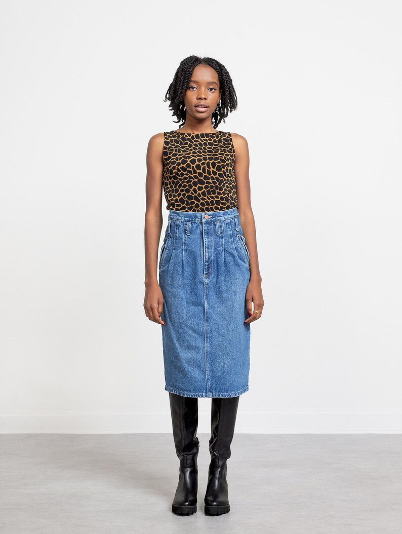 DENIM PENCIL SKIRT Vintage Medium Blue Jean High Waist Midi Cotton Woman 90/'s 27 Waist 36 Hips Size 5