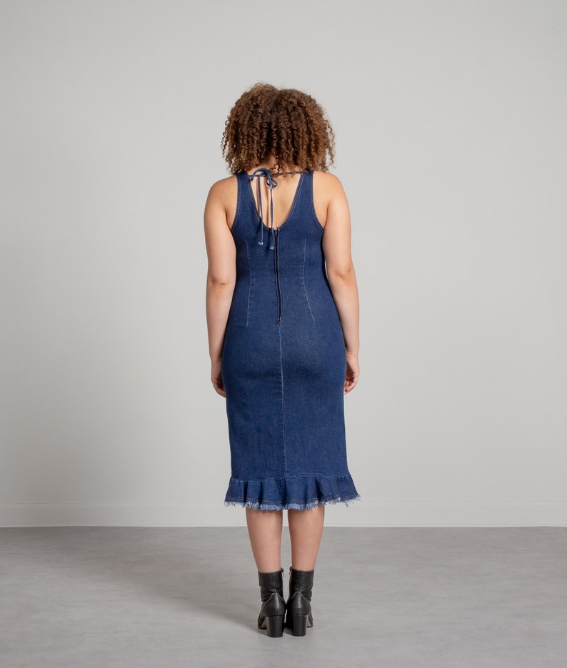 DENIM BODYCON DRESS Stretch 90/'s Vintage Dark Blue Jean Midi Sleeveless Summer Medium