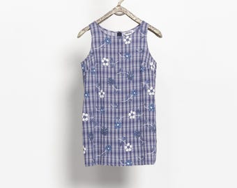 CHECKERED BLUE FLORAL Shift Dress Vintage Mini Spring Summer / Small Medium 