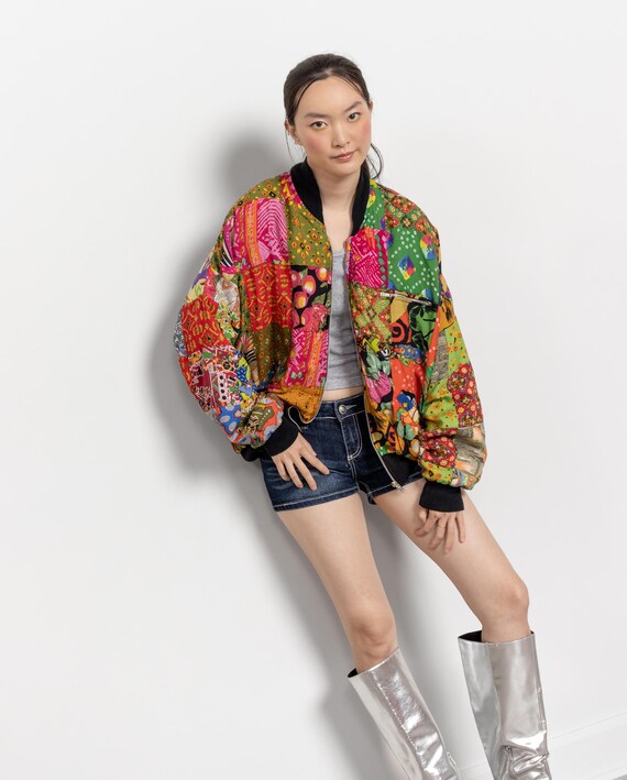 PATCHWORK BOMBER JACKET Vintage Rainbow Pattern A… - image 2