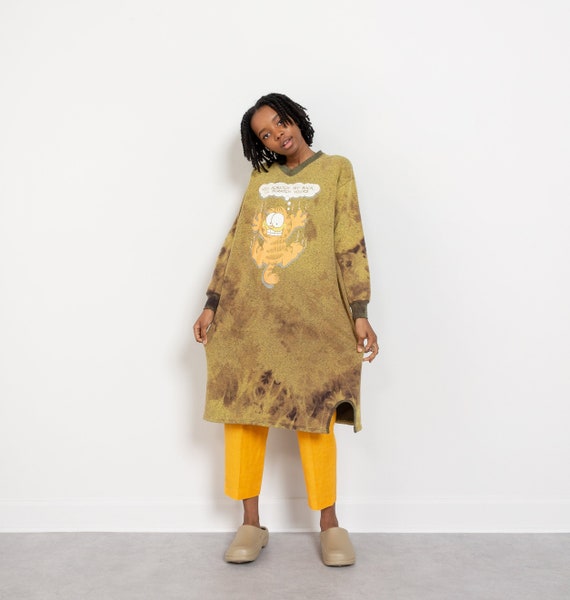 Garfield Sweatshirt Dress Vintage Tie Dye Bleached Funny Graphic Long Sleeve Yellow Nighty 90's Oversize / Large Extra Large Free Size